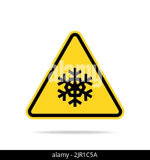 Snow warning sign. Triangle warning sign of snow with a snowflake symbol. Flat vector illustration. Stock Vector