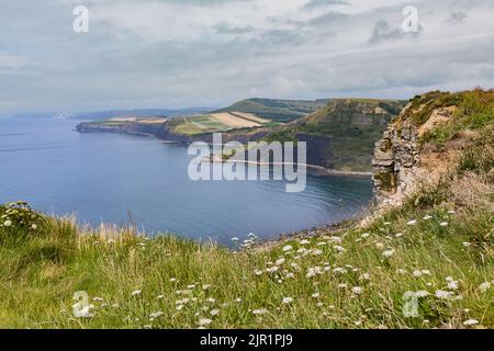 Dorset’s stunning Jurassic coast taken from the top of Emmetts Hill and looking west towards Weymouth Stock Photo