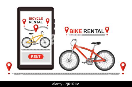Bike rental service, public bicycle sharing mobile app. City rent station, cycle hire parking. Cycling, street transport. Road route on phone. Vector Stock Vector