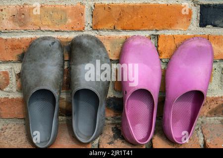 Two pairs of rubber galoshes in black and pink on the background of an old brick wall Stock Photo