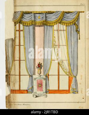 Drapery for Three Windows from Complete Cabinet Maker, And Upholsterer's Guide: Comprising, The Rudiments And Principles Of Cabinet-Making And Upholstery, With Familiar Instructions, Illustrated By Examples, For Attaining  A Proficiency In The Art Of Drawing: The Processes Of Veneering, Inlaying, And Buhl-Work : The Art Of Dying And Staining Wood,  Ivory, Bone, Tortoiseshell Etc. Directions For Lackering [Lacquering] , Japanning, And Varnishing, To Make French Polish; To Prepare The Best Glues, Cements, & Compositions And A Number Of Receipts, Particularly Useful To The Workmen Generally. By M Stock Photo