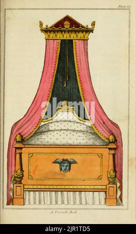 French Bed from Complete Cabinet Maker, And Upholsterer's Guide: Comprising, The Rudiments And Principles Of Cabinet-Making And Upholstery, With Familiar Instructions, Illustrated By Examples, For Attaining  A Proficiency In The Art Of Drawing: The Processes Of Veneering, Inlaying, And Buhl-Work : The Art Of Dying And Staining Wood,  Ivory, Bone, Tortoiseshell Etc. Directions For Lackering [Lacquering] , Japanning, And Varnishing, To Make French Polish; To Prepare The Best Glues, Cements, & Compositions And A Number Of Receipts, Particularly Useful To The Workmen Generally. By Mr. J. Stokes, P Stock Photo