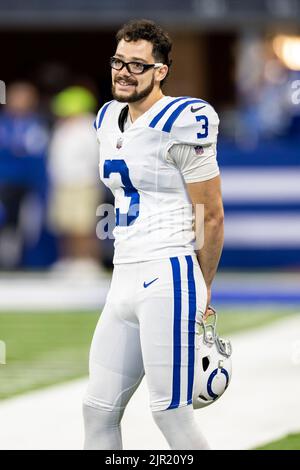 August 20, 2022: Indianapolis Colts kicker Rodrigo Blankenship (3) during pregame of NFL football preseason game action between the Detroit Lions and the Indianapolis Colts at Lucas Oil Stadium in Indianapolis, Indiana. Detroit defeated Indianapolis 27-26. John Mersits/CSM. Stock Photo