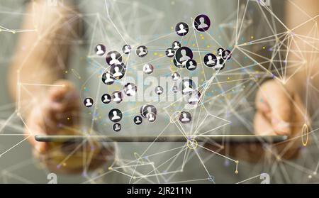 A 3d rendering of connected profile icons floating on a phone Stock ...