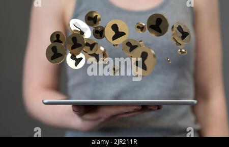 A 3d rendering of floating connected profile icons on a palm of a hand ...