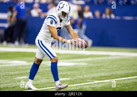 August 20, 2022: Indianapolis Colts punter Rigoberto Sanchez (8) during pregame of NFL football preseason game action between the Detroit Lions and the Indianapolis Colts at Lucas Oil Stadium in Indianapolis, Indiana. Detroit defeated Indianapolis 27-26. John Mersits/CSM. Stock Photo
