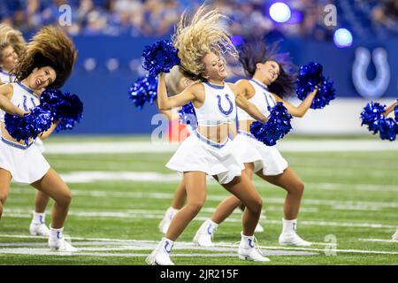 August 20, 2022: Indianapolis Colts cheerleaders perform during pregame of NFL football preseason game action between the Detroit Lions and the Indianapolis Colts at Lucas Oil Stadium in Indianapolis, Indiana. Detroit defeated Indianapolis 27-26. John Mersits/CSM. Stock Photo