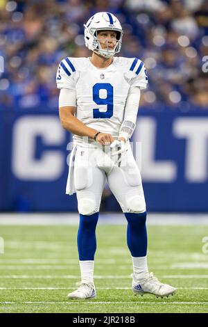 August 20, 2022: Indianapolis Colts quarterback Nick Foles (9) during NFL football preseason game action between the Detroit Lions and the Indianapolis Colts at Lucas Oil Stadium in Indianapolis, Indiana. Detroit defeated Indianapolis 27-26. John Mersits/CSM. Stock Photo