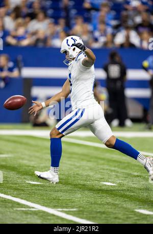August 20, 2022: Indianapolis Colts punter Rigoberto Sanchez (8) during NFL football preseason game action between the Detroit Lions and the Indianapolis Colts at Lucas Oil Stadium in Indianapolis, Indiana. Detroit defeated Indianapolis 27-26. John Mersits/CSM. Stock Photo
