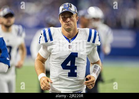 August 20, 2022: Indianapolis Colts quarterback Sam Ehlinger (4) during NFL football preseason game action between the Detroit Lions and the Indianapolis Colts at Lucas Oil Stadium in Indianapolis, Indiana. Detroit defeated Indianapolis 27-26. John Mersits/CSM. Stock Photo