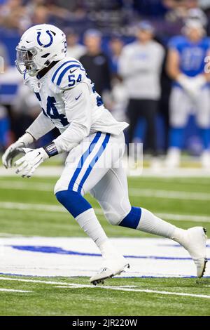 August 20, 2022: Indianapolis Colts defensive lineman Dayo Odeyingbo (54) during NFL football preseason game action between the Detroit Lions and the Indianapolis Colts at Lucas Oil Stadium in Indianapolis, Indiana. Detroit defeated Indianapolis 27-26. John Mersits/CSM. Stock Photo