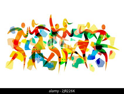 Dancing couples, summer garden party, modern dance. Expressive colorful illustration of three disco dancing. Isolated on white background. Stock Photo