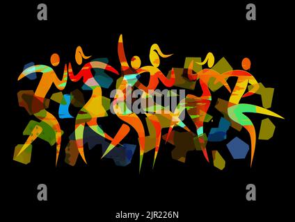 Dancing couples, summer garden party, modern dance. Expressive colorful illustration of three disco dancing. Isolated on black background. Stock Photo
