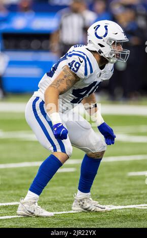 August 20, 2022: Indianapolis Colts linebacker Forrest Rhyne (49) during NFL football preseason game action between the Detroit Lions and the Indianapolis Colts at Lucas Oil Stadium in Indianapolis, Indiana. Detroit defeated Indianapolis 27-26. John Mersits/CSM. Stock Photo