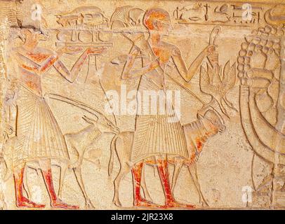 Egypt, Saqqara,  tomb of Horemheb,  statue room, procession of offering bearers. Stock Photo