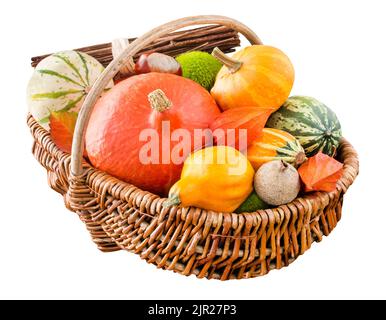 Colorful natural Autumn decoration in a basket isolated on white background Stock Photo