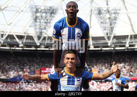 London, UK. 21st Aug, 2022. Leandro Troassard of Brighton & Hove Albion celebrates his goal during the Premier League match between West Ham United and Brighton and Hove Albion at the London Stadium, Queen Elizabeth Olympic Park, London, England on 21 August 2022. Photo by Joshua Smith. Editorial use only, license required for commercial use. No use in betting, games or a single club/league/player publications. Credit: UK Sports Pics Ltd/Alamy Live News Stock Photo