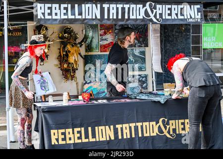 Rebellion Tattoo and Piercing booth, Arts Alive Festival, Downtown Langley, British Columbia, Canada Stock Photo