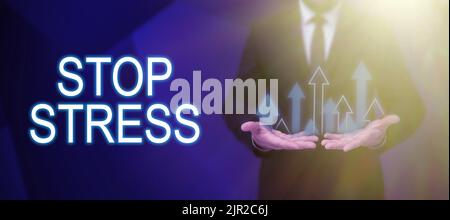 Handwriting text Stop Stress. Word Written on Seek help Take medicines Spend time with loveones Get more sleep Businessman in suit holding notepad Stock Photo