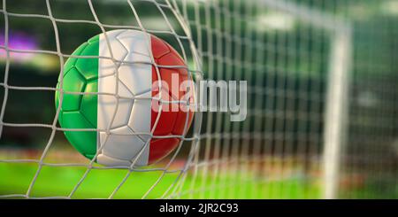 Football ball with flag of Italy in the net of goal of football stadium. Football championship of Italy concept. 3d illustration Stock Photo
