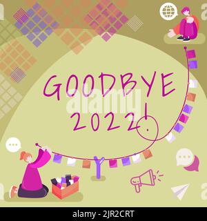 Conceptual caption Goodbye 2022. Business approach New Year Eve Milestone Last Month Celebration Transition Sitting Woman Talking And Putting Stock Photo