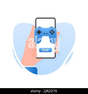 Games people in flat style. Cartoon video game. Vector illustration. Hand holding mobile phone Stock Vector