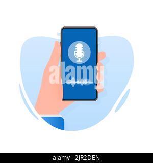 Hand holds phone with record podcast on screen. Vector illustration Stock Vector