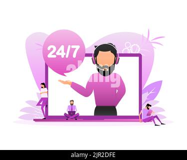 24 hour support people in flat style. Isometric business concept. Marketing concept. Flat design Stock Vector