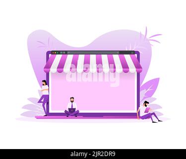 Laptop with and screen buy. Flat style characters. Concept online shopping Stock Vector