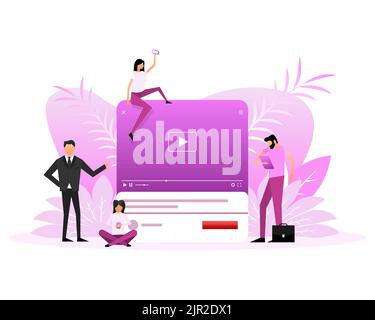 Video play people. Cartoon vector illustration. Social media flat icon Stock Vector