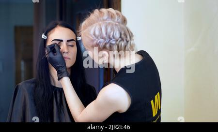 young woman gets eyebrow correction procedure. kosmetolog- makeup artist applies paint with brush on eyebrows in beauty saloon. Professional care for face. High quality photo Stock Photo