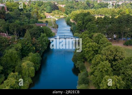 An aerial view of the Kingsland Bridge spanning the River Severn in Shrewsbury, Shropshire, UK Stock Photo