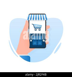 Flat card with online shop hand smartphone. Flat vector illustration character Stock Vector
