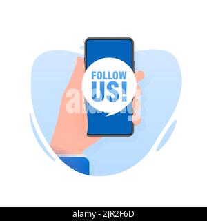 Follow us smartphone banner in flat style on white background. Vector illustration Stock Vector