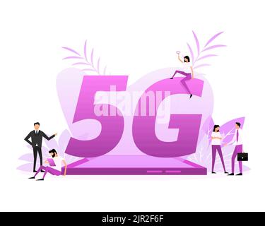 5G Sim Card. 4G technology background. Flat style characters Stock Vector
