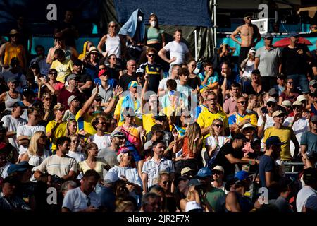 Munich, Germany. 21st Aug, 2022. Swedish fans during the Beach Volleyball Gold Medal game between Czech Republic and Sweden at Koenigsplatz at the Munich 2022 European Championships in Munich, Germany (Liam Asman/SPP) Credit: SPP Sport Press Photo. /Alamy Live News Stock Photo