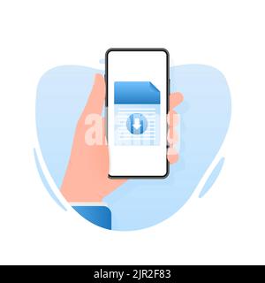 Smartphone with downloaded file in cartoon style. Smartphone screen. Phone icon vector. Flat vector cartoon illustration. Stock Vector