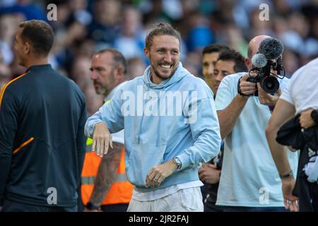 A jubilant Luke Ayling #2 of Leeds United smiles at full time as his side beat Chelsea 3-0 Stock Photo