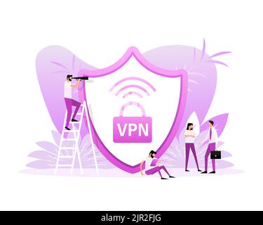 VPN flat blue secure badge on white background. Flat style characters.Vector illustration. Stock Vector