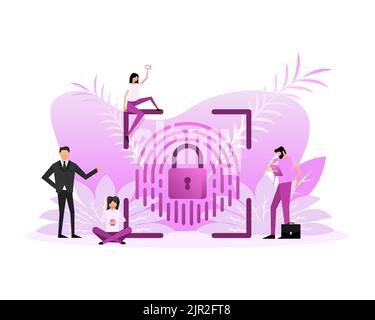 People smartphone with scanning fingerprint. Flat card on light backdrop Stock Vector