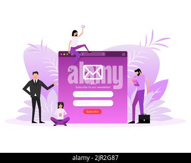 Web page with people in flat style on a white background. Subscribe to our newsletter. Vector illustration Stock Vector