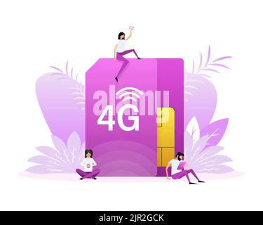 4G Sim Card. 4G technology background. Flat style characters Stock Vector