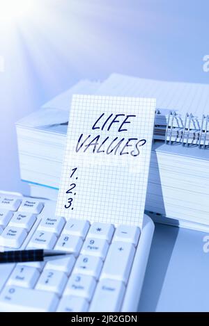 Conceptual caption Life Values. Word Written on things that you believe are important in the way you live Important Message Presented On Piece Of Stock Photo
