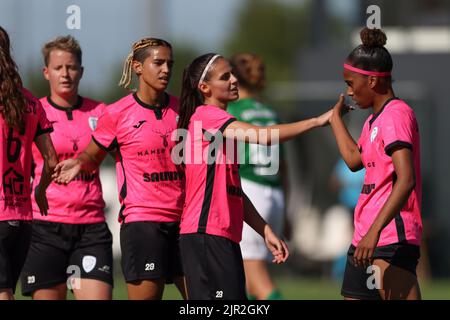 Turin, Italy, 21st August 2022. Kimberley Dos Santos of Racing Union celebrates with team mates after scoring to give the side a 3-1 lead during the UEFA Women's Champions League match at Juventus Training Centre, Turin. Picture credit should read: Jonathan Moscrop / Sportimage Stock Photo
