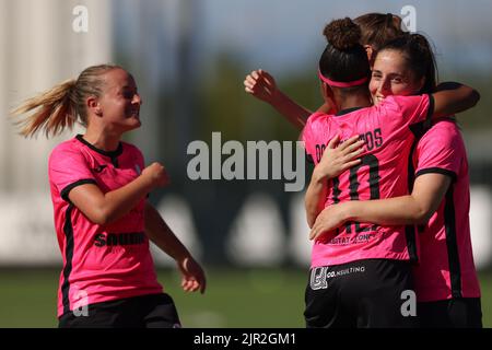 Turin, Italy, 21st August 2022. Karolina Katharina Kohr of Racing Union celebrates with team mates after scoring to give the side a 2-1 lead during the UEFA Women's Champions League match at Juventus Training Centre, Turin. Picture credit should read: Jonathan Moscrop / Sportimage Stock Photo