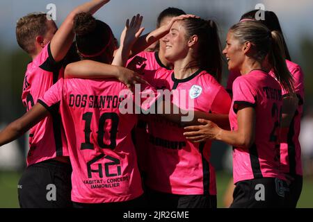 Turin, Italy, 21st August 2022. Karolina Katharina Kohr of Racing Union celebrates with team mates after scoring to give the side a 2-1 lead during the UEFA Women's Champions League match at Juventus Training Centre, Turin. Picture credit should read: Jonathan Moscrop / Sportimage Stock Photo