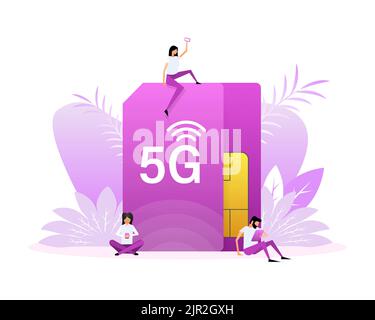 5G Sim Card. 4G technology background. Flat style characters Stock Vector