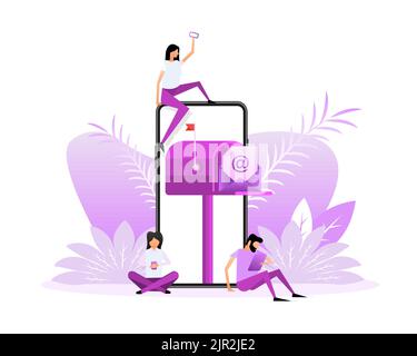 Mailbox with a letter inside in a flat style on a white background with people. Vector illustration Stock Vector