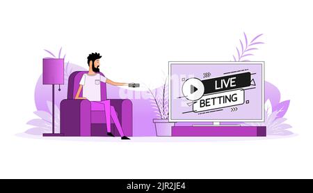 Man sits on the couch, they switch the channel on the TV - Live betting Stock Vector