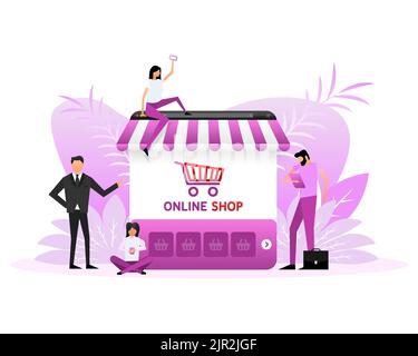 Laptop with and screen buy. Flat style characters. Concept online shopping Stock Vector